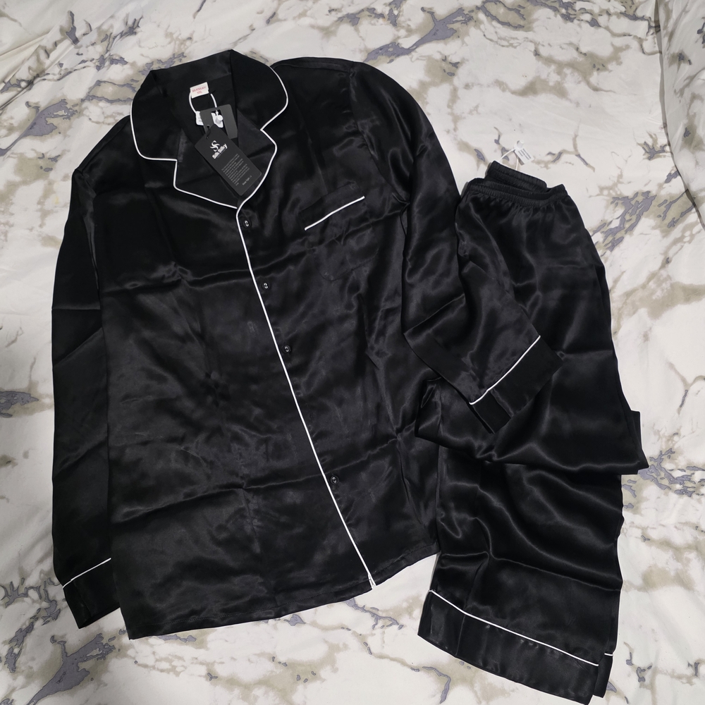 NWT Amazing Women's Black 100% Mulberry Silk  Pajama with White Piping, Size XXL
